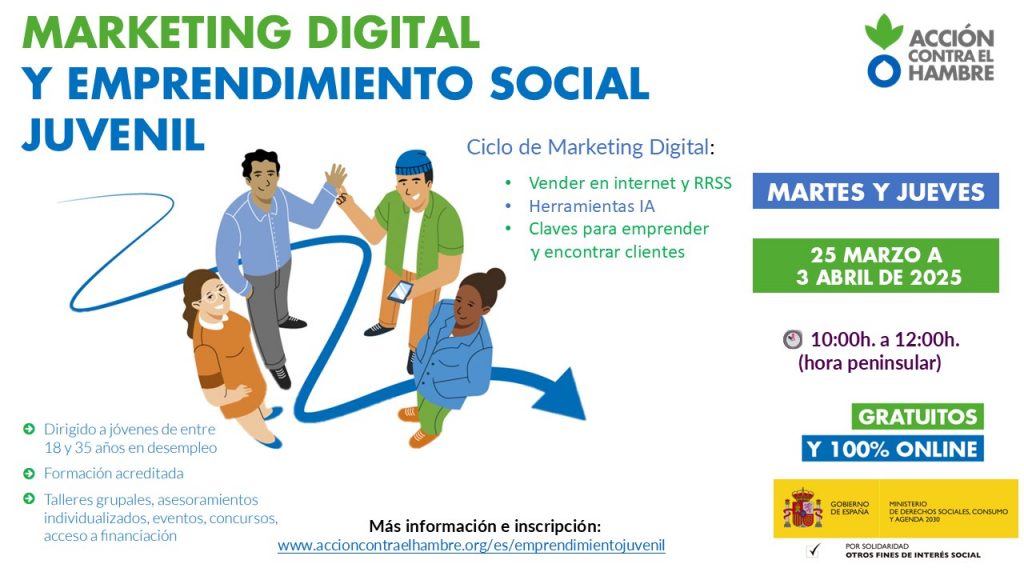 Cartel Marketing Digital y Emprendimiento Social Juvenil 2025. Acción contra el Hambre